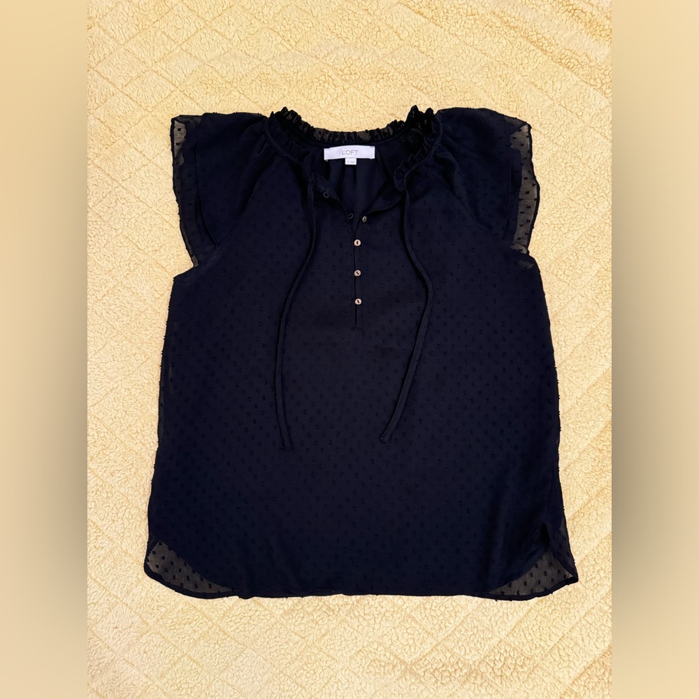 LOFT Black Flutter Button Tie Neck Top | Women’s Small